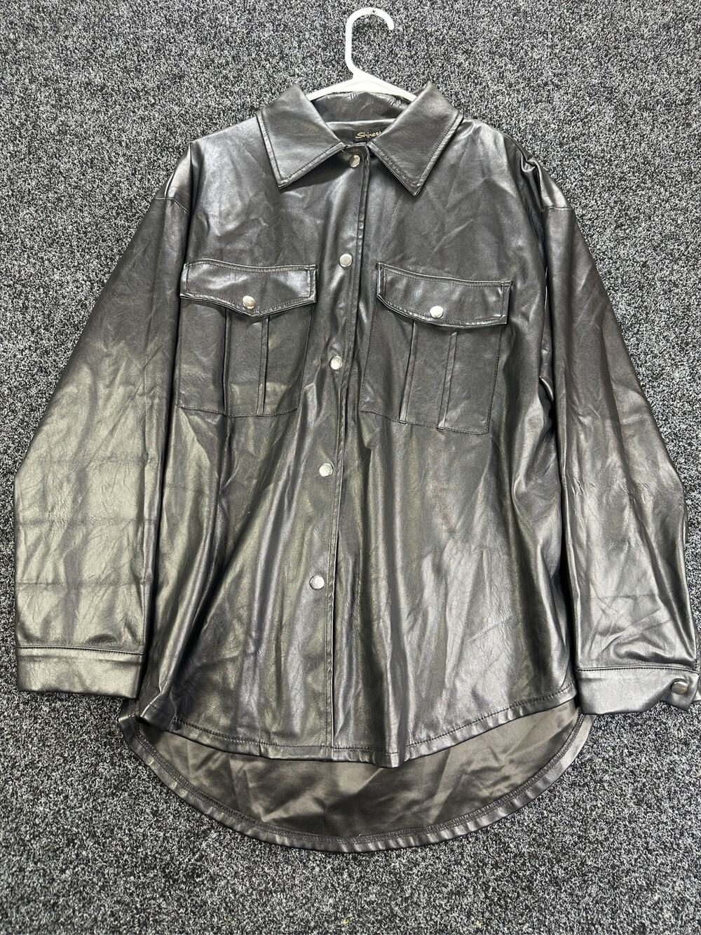 Shinestar Women's Black Faux Leather Button Up Shirt Jacket Size Large